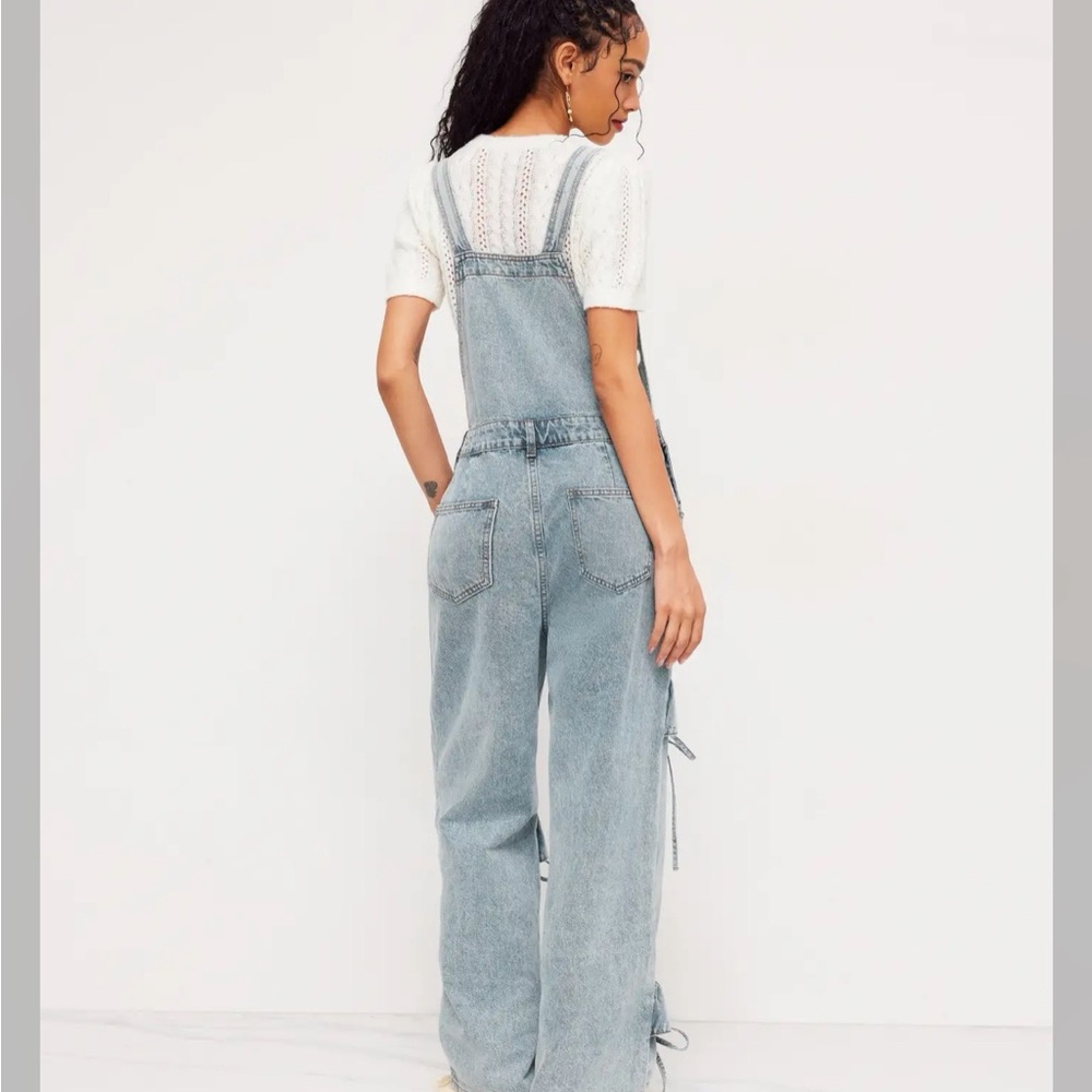 Cider Light Blue Denim Tie-Knot Wide Leg Overalls - Picture 4 of 14